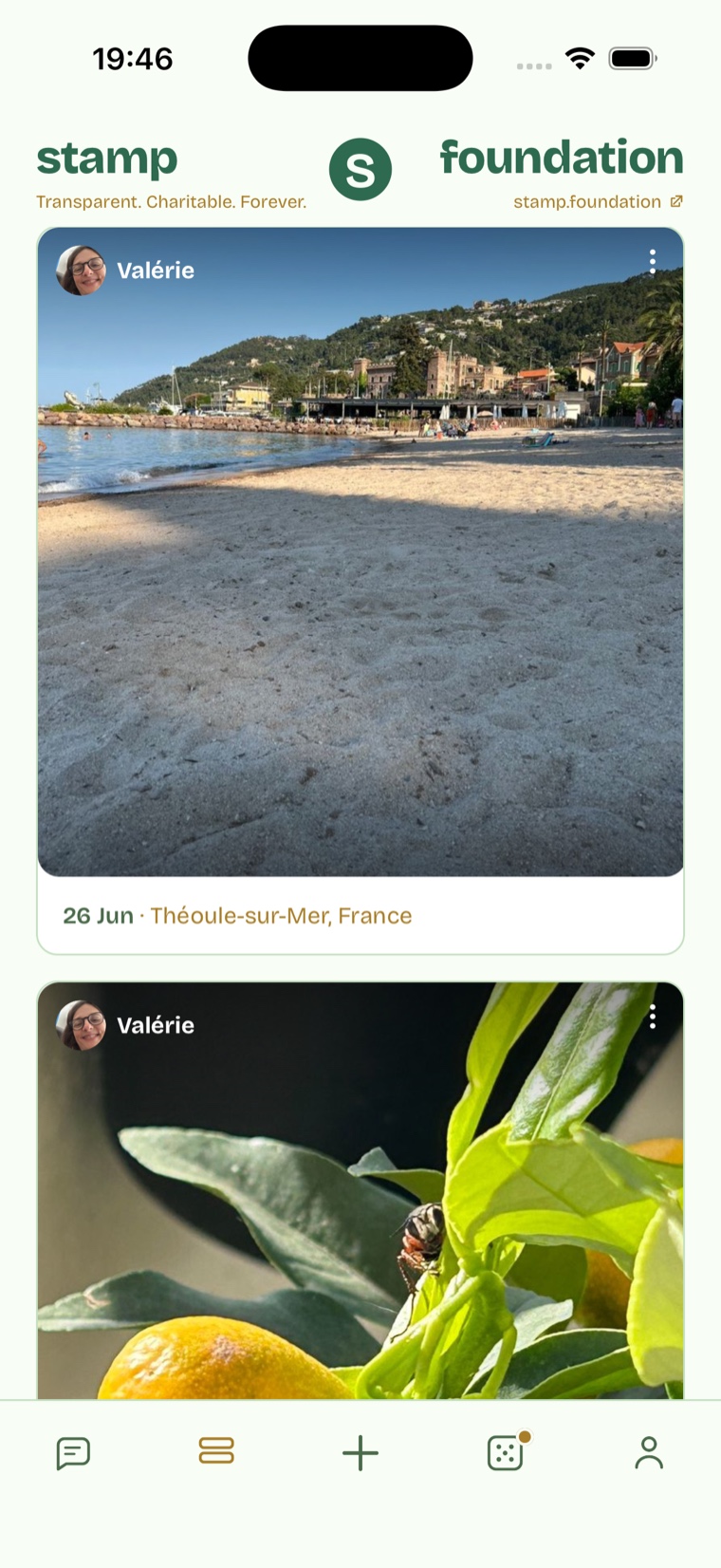 The Stamp feed on an iPhone: one post from each person in your circle, in the order it happened.