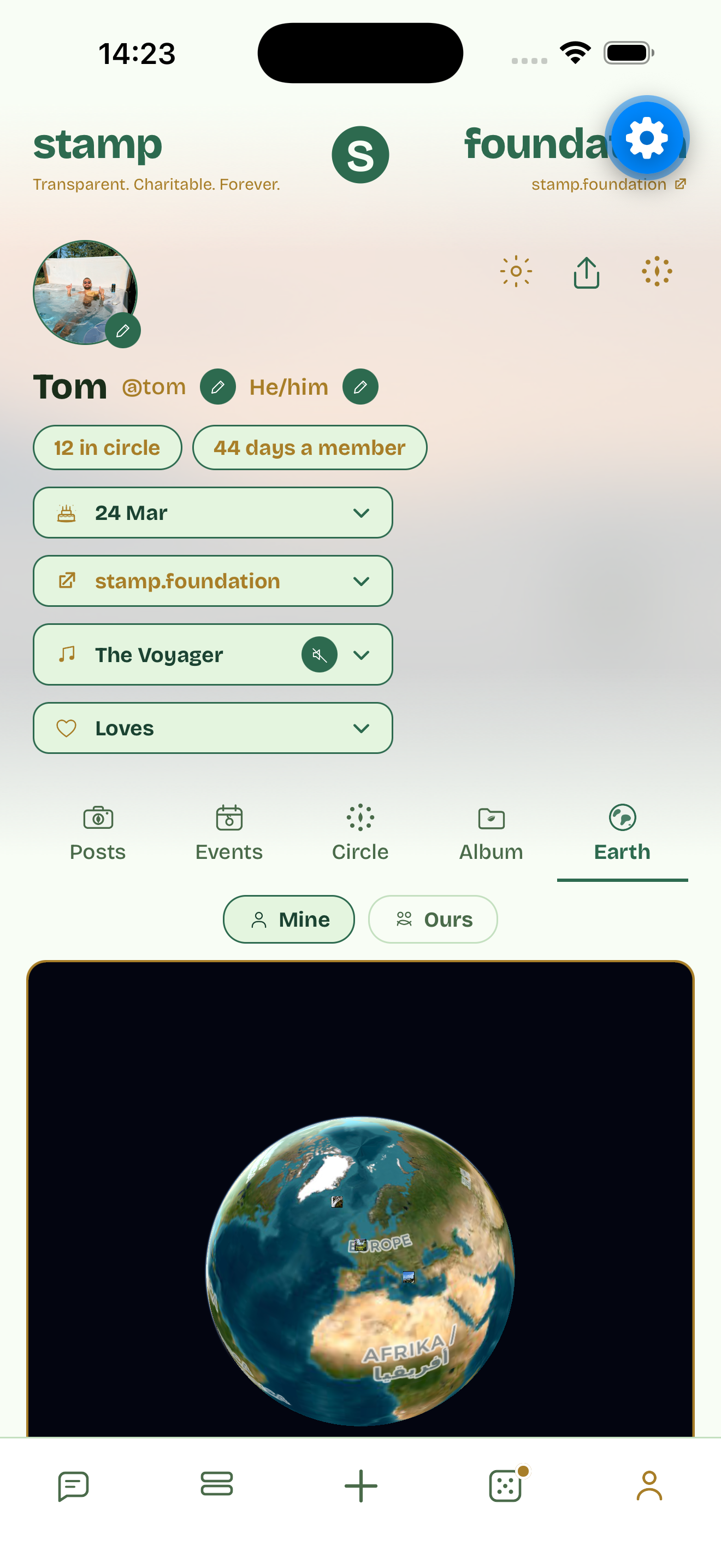 Earth: every Stamp you've posted, dropped as a pin on your personal globe.