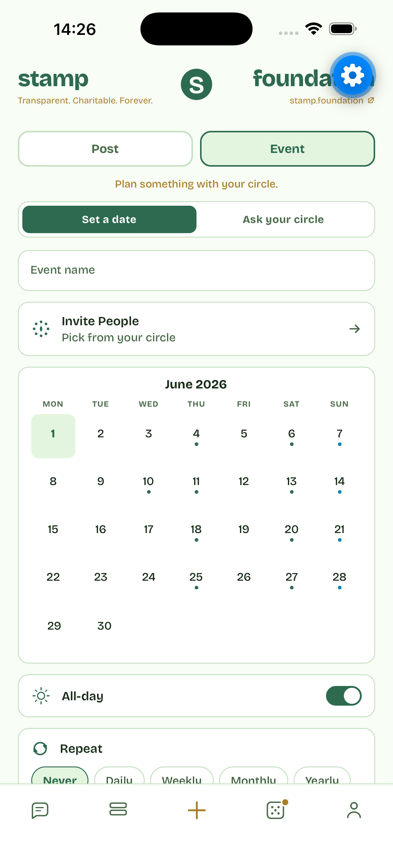 Creating a Stamp event: title, time, place, invite an inner circle in one tap.