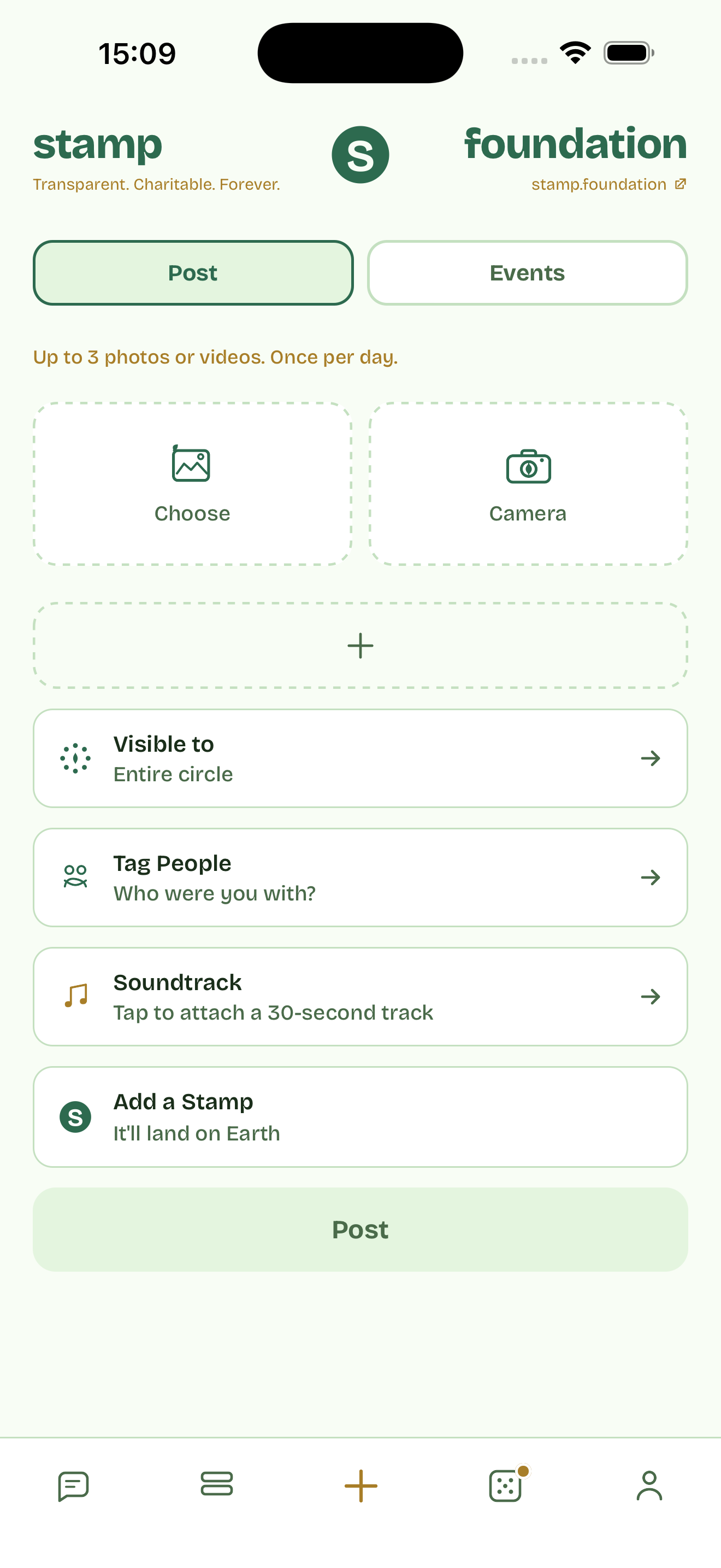 Composing a Stamp post: up to three photos, a caption, optional location.