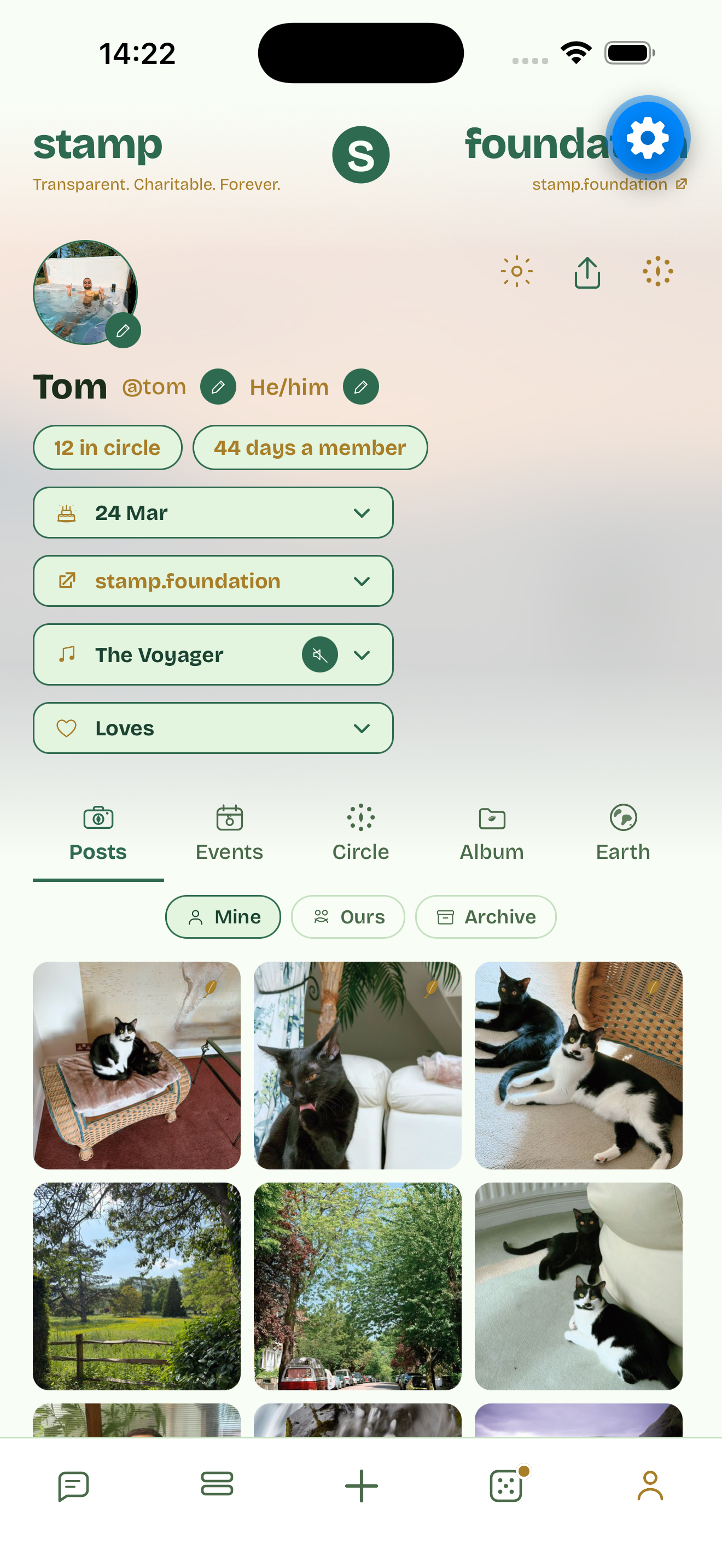 Profile screen with the day count of your Stamp journey.