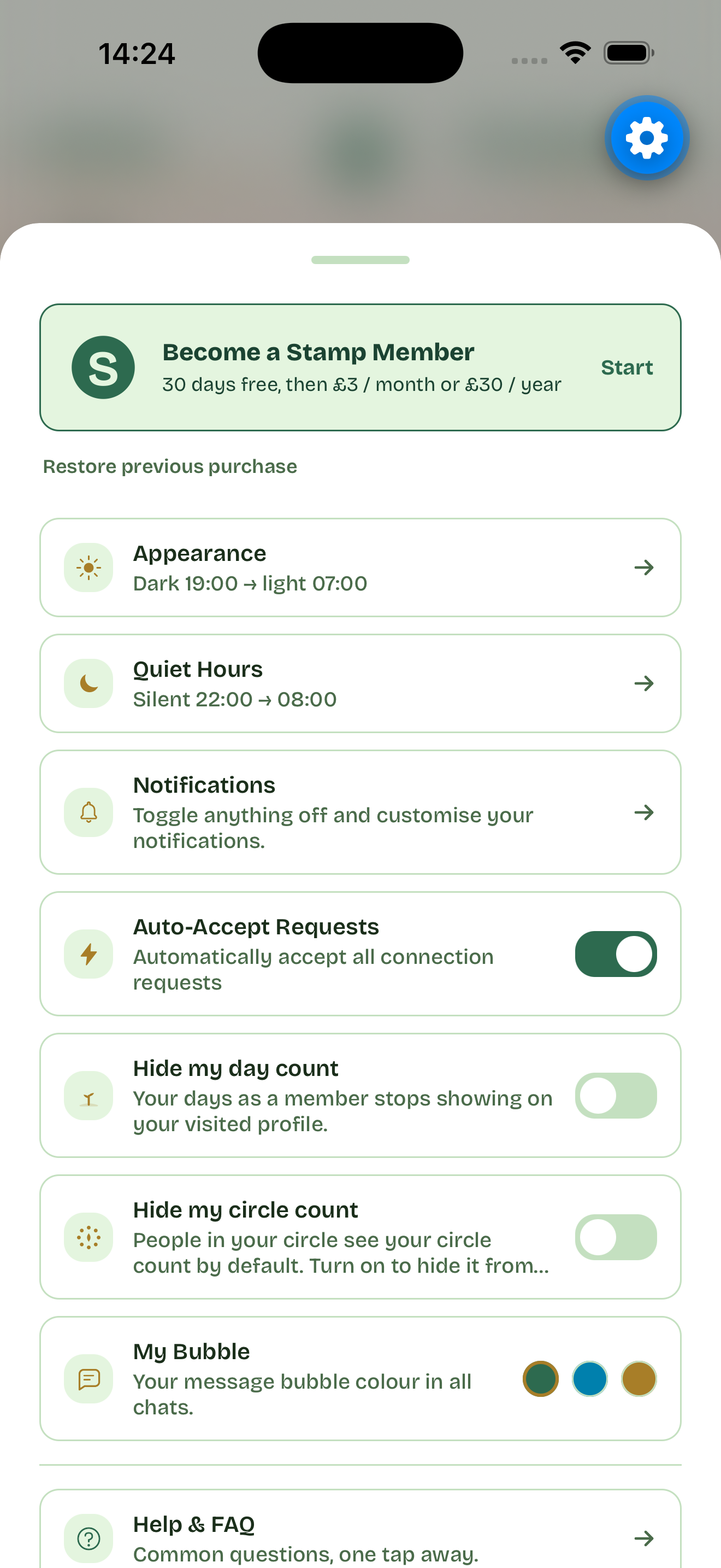 Settings: notifications, privacy, theme, account.