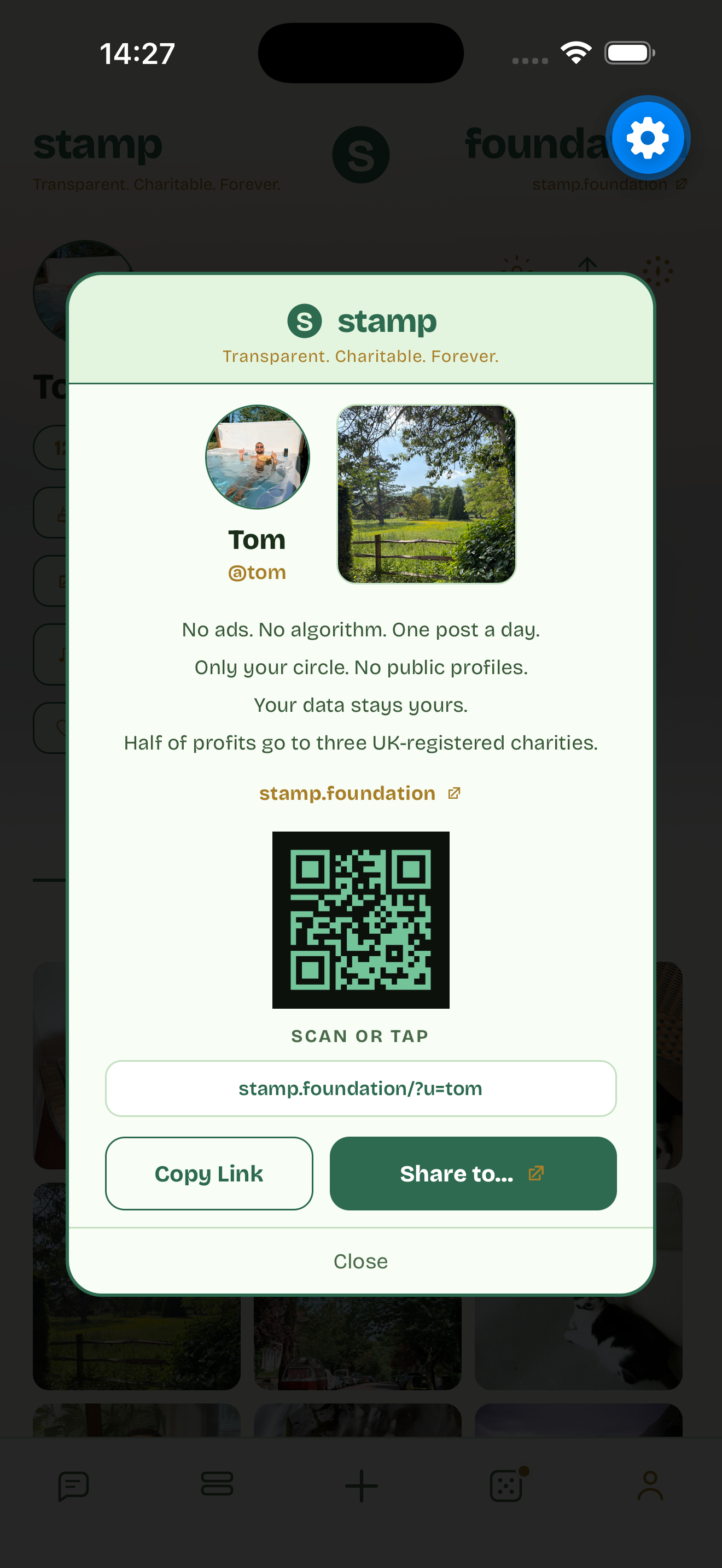Stamp share card: a printable, AirDroppable stamp with the user's handle, QR, and Stamp pitch.