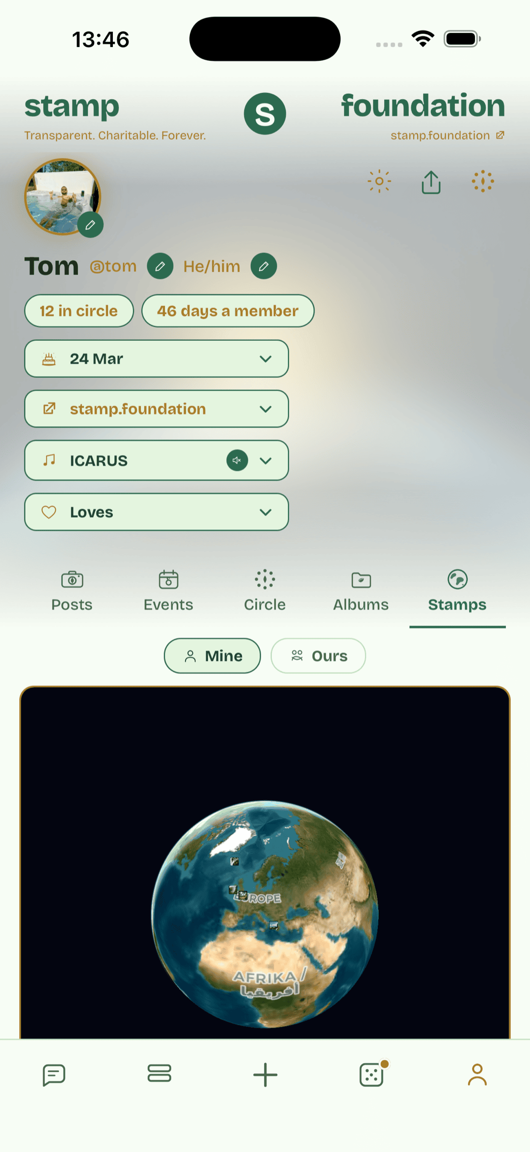 Your posts dropped as pins on a personal 3D globe.